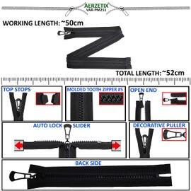 AERZETIX - C64113 set of 2 zip no. 5 self-locking 50 cm separable - metal pull tab - colour black - slider made of mesh fabric haberdashery clothing sewing jacket