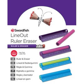 Swordfish ‘LineOut Ruler Eraser’ with 10 cm/4” Ruler [Pack of 1] PVC and Phthalate Free Eraser – Pink/Purple or Blue/Green [40370]