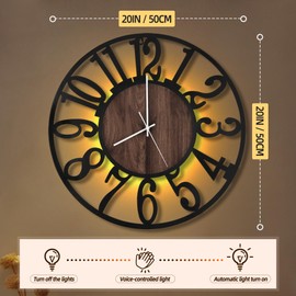 LEIKE Large LED Wall Clocks,Silent,Non Ticking,Battery Operated Rustic Round Modern Big Wood Wall Clock for Living Room, Bedroom,Kitchen,Farmhouse,Office,Home Decor -20" Black,LED,Arabic Number