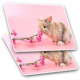 Rectangle Stickers (Set of 2) 10cm - Cute Baby Rabbit Pink Flowers Fun Decals for Laptops,Tablets,Luggage,Scrap Booking,Fridges, #14327