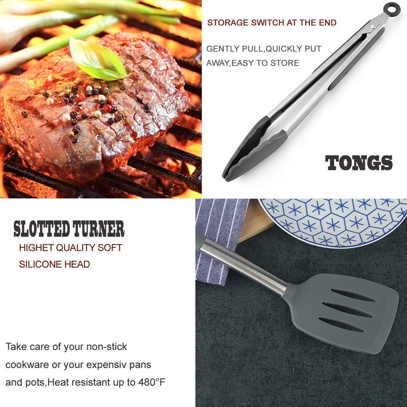 Silicone Kitchen Cooking Utensils Set with Stainless Steel Handle, Spatula