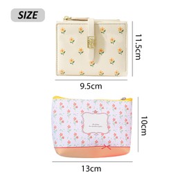 WUFGWBD 1 Leather Flower Wallet and 1 Flower Coin Purse, Short Wallet, Cute Wallet, Women's Wallet, Multifunctional Card Holder, Mini Storage Bag