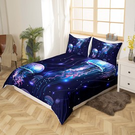 Jellyfish Comforter Cover,Trippy Jellyfish Duvet Cover for Kids Boys Girls,Purple Galaxy Starry Sky Bedding Set Single,Coastal Animal Quilt Cover with 1 Pillow Sham Zipper&Ties Soft