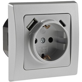 Delphi Socket with USB C - Flush-Mounted 250 V / 16 A UP Socket Clamp Connection Protective Contact Socket with Increased Touch Protection Grey Silver