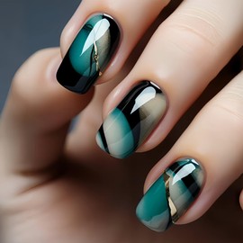 Green Stripe Press on Nails Fake Nails Short Square Coffin,Aqinmony with Designs False Nails Short Square Coffin, French Tip Full Cover Glue on Nails, Glossy Acrylic Thick Stick on Nails For Women 24Pcs Y274