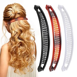 3 Stück Bananenspange Haare, Banana Clip Vintage, Groß Banana Hair Clip, Bananen Haarspangen Damen Dünnes Frisur, Pferdeschwanz-Halter, Bananen Clip Haar Accessoire für Frauen (Schwarz, Braun, Weiß)