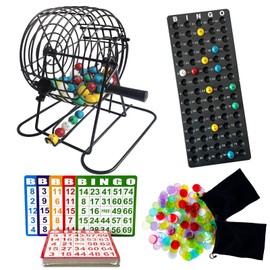 SEETOOOGAMES Deluxe Bingo Game Set - 8 Inch Metal Cage, 50 Paper Cards, 300 Colorful Clear Chips, Bingo Balls and Plastic Master Board, Great for Adults Large Groups, Familiy Games Nights Parties