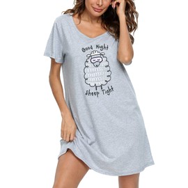 ENJOYNIGHT Womens Cotton Nightgown Short Sleeves Night Dress Print Sleep Shirt(Medium, Grey Sheep)