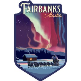 Die Cut Sticker Fairbanks, Alaska, Northern Lights and Dogsled, Vinyl Sticker 3 to 6 inches, (Waterproof Decal for Cars, Water Bottles, Laptops, Coolers), Large
