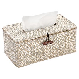 DelSol Tissue Box, Seagrass Woven Facial Tissue Dispenser, Box Cover Holder Storage Case Rectangle Napkin Organizer for Home Decor, Kitchen, Office Table Desktop, 26x 16 x 10cm (Vintage White)