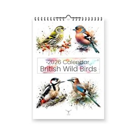 British Wild Birds 2026 Yearly Wall Hanging Calendar - Splash Effect Watercolour Prints