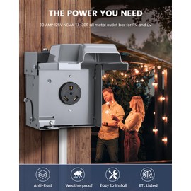 SURAIELEC 30 Amp RV Outlet Box, Weatherproof Power Box with 30 Amp RV Receptacle, 125V NEMA TT-30R, Lockable Outdoor Electrical Box for Campers, Trailers, ETL Listed