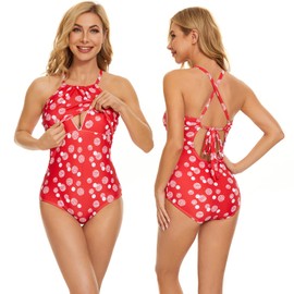 Oceanlily - Breastfeeding Swimsuit- Post-Partum Nursing One Piece Bathing Suit (S, Saturn RED Print)