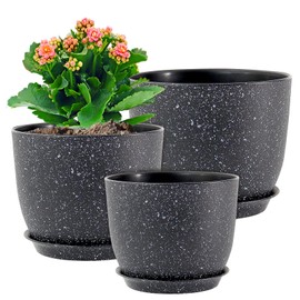 WSMKSZ Large Flower Pots 12/10/9 inch, Set of 3 Modern Decorative Plastic Planters with Drainage Holes and Saucers for Garden House Plants, Plant Pots for Indoor Outdoor Plants, Speckled White