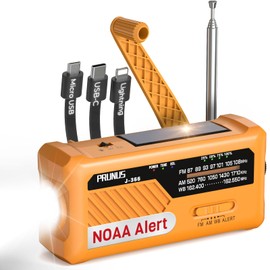 PRUNUS J-366 Emergency Radio with 3 Charging Cables, NOAA Weather Alert, 7400mWh/Solar/Hand Crank/USB-C Charging, Battery Operated, WB/AM/FM, SOS Alarm, Flashlight, Compact for Bag, NOAA Radio