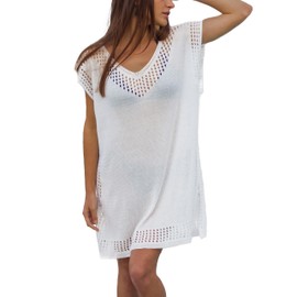 CIBENI White Crochet Cover Up - Quick-Dry White Swimsuit Coverup for Women - Classic Knit Coverups for Women - White Beach Cover Up - Incl Plus Size Coverups for Women