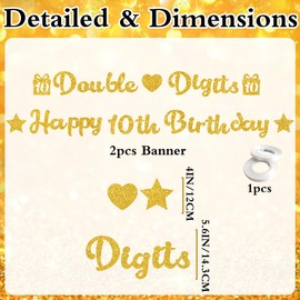 10th Birthday Decorations for Girl Banner - Double Digit Party Supplies Gold, Happy 10th Birthday Banners Hanging for 10 Years Old Kids Party Decoration