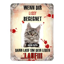 PR Print Royal Tin Sign Yourself Design with Cat Photo, Name & Saying - Lauf um Dein Leben - Gift Idea for Cat Owners / Door Sign / Cat Sign - Portrait Format Sign A5