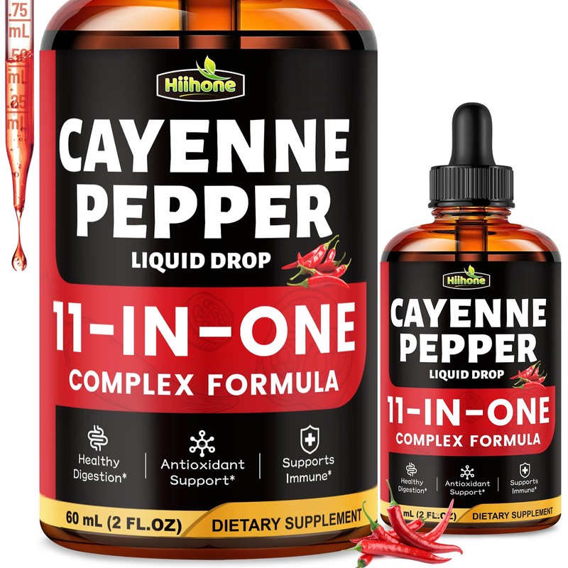 HIIHONE 11-in-1 Cayenne Pepper Drops - Herbal Supplement with Hawthorn,
