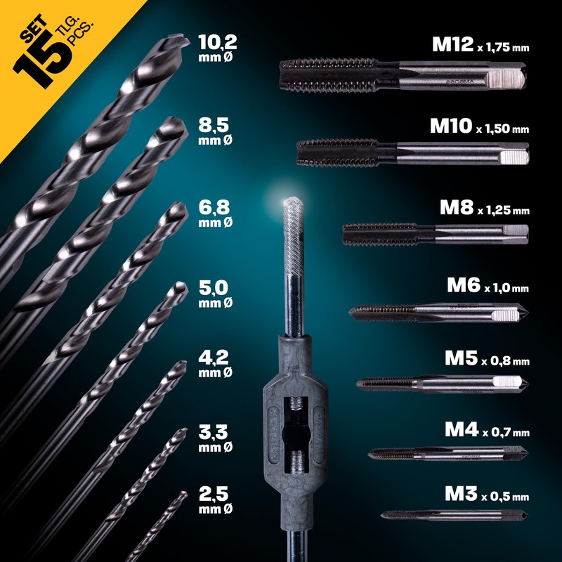 Metric Tap Set M3 - M12, 15 Pieces, HSS-G/Tap Wrench/Anvil