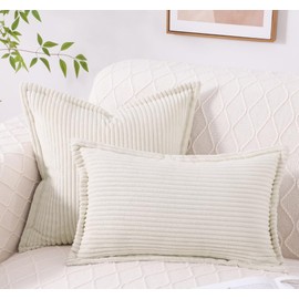 Mecatny Corduroy Christmas Pillow Covers 22x22 Inch Set of 2 - Striped Throw Pillow Covers with Wide Border for Living Room, Bed - Soft Square Decorative Pillow Covers for Couch - Cream White