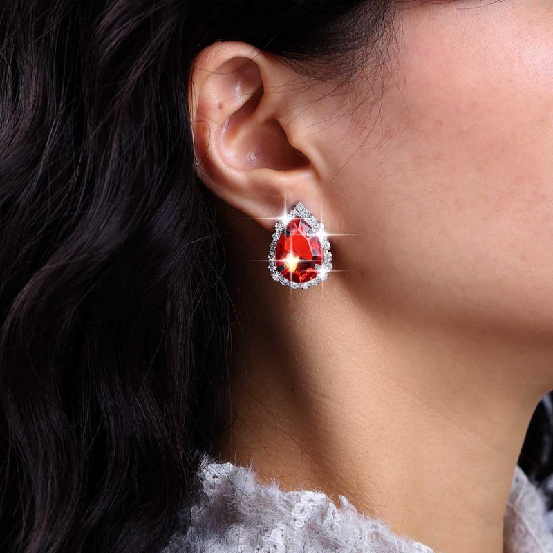 Cybche Boho Ruby Teardrop Stud Earrings Oval Red Crystal Stud