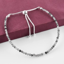 Natural Black Rutile Gemstone Beads Bolo Bracelet, Adjustable Slider Box Chain, Energy Stones, Chakra Healing Crystals, Silver Plated, Birthstone, Gemstones Women Jewelry, Anniversary Gift