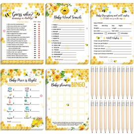 Yinder 145 Pcs Bee Style Baby Shower Games Girl or Boy Activities Cards Baby Bingo Description and Wishes Guess Who Mommy or Daddy Price is Right Word Scramble Game