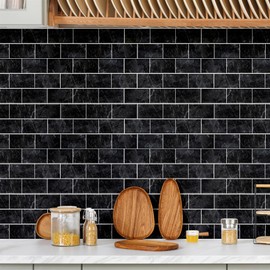WALPLUS 12 Sheets Tile Stickers Glossy Removable Stick on Wall Backsplash Tile Transfer Waterproof Oil Proof DIY for Bathroom Cabinet Kitchen Home Decor Black Marble Stone 15.4 x 30.5 cm