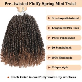 10 Packs Yanky Twist Crochet Hair 8 Inch Pre-twisted Natural Black Kinky Mini Spring Twist Small Curly Senegalese Twist Braids Yankee Twist (T30(Ombre Medium Dark Brown), 8 Inch (Pack of 10))