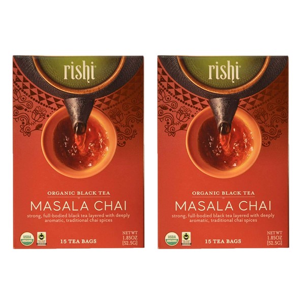 Rishi Tea Masala Chai Herbal Tea - Immune Support, USDA Certified Organic, Highly Caffeinated, Naturally Spiced, Black Tea Blend - 15 Sachet Bags, 1.85 oz (Pack of 2)