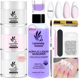 Lavender Violets Acrylic Nail Kit 30g x3 Clear,White,Pink Acrylic Powder 80ml Monomer Liquid Set 3D French Nail Art Brush,Strengthen Nail Forms,Dappen Dish,Tweezers File Carving Tool Beginner Set N301