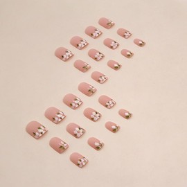 Short Press on Nails Square Fake Nails Flower French Tip False Nails Squoval Glue on Nails Glossy Stick on Nails Full Acrylic Nails for Women Girls