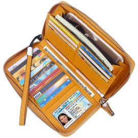 Lavemi Women's RFID Blocking 100% Leather Large Capacity Zip Around Wallet Phone Holder Clutch Travel Purse Wristlet, 1- Pebbled Yellow, One Size