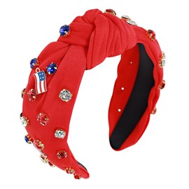 4th of July Headband for Women Girls American Flag Rhinestone Knotted Headband Star Flag Patriotic Jeweled Hairband ndependence Day Head Bands red white and blue Hair accessories (Red, one size)