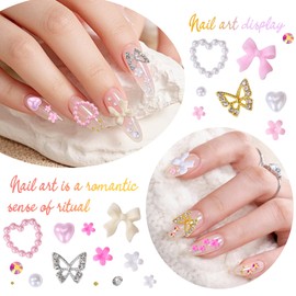 Nail Charms and Gems Set， Butterfly Charms, 75pcs Coquette Nail Bows and Hearts, 3D Flowers for Nails with Rhinestones, Pearls, and Diamonds, Including Picker Tools for Y2k-Style Nail Decoration B