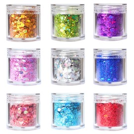 Nail Glitter Set, 9 Colours Glitter Holographic Sequins Set, Fine Glitter Crafts, Glitter Face for Nail Art, Eyeshadow, Face, Lips, Hair, Crafts, DIY, Festival Masquerade
