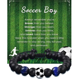 KOZOY Football Bracelet Boys 5 6 7 8 9 10 11 12 Years, Adjustable Natural Stone Leather Bracelet with Football Design, Easter Gifts Children Boys, Football Gifts Birthday School Christmas