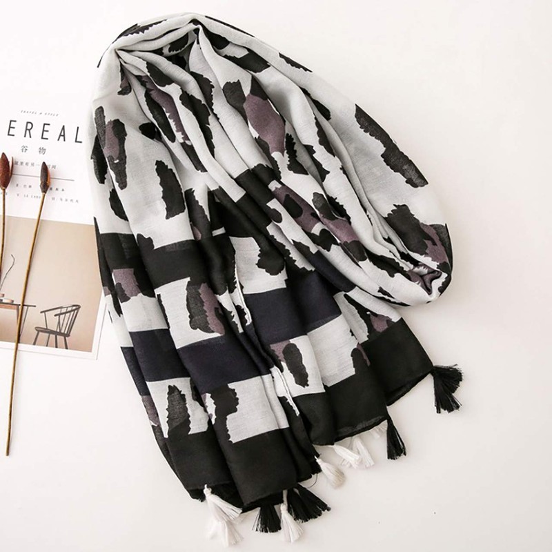 WHITE FANG MA039 Women's Stole Scarf, Cotton, Linen, Leopard Pattern,