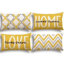 YCOLL Cushion Covers, Set of 4, Linen, Decorative, Geometric Pattern, Cushion Covers for Sofa, Bedroom, Couch, Outdoor Cushions, 30 x 50 cm, Yellow