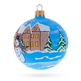 Santa & Snowman Winter Village Scene Blown Glass Ball Christmas Ornament 3.25 Inches