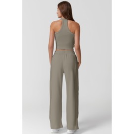 QINSEN 2 Piece Sets for Women Summer Knit Crop Tank Tops Long Pants Lounge Matching Sets Grey S