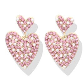 Valentines Day Earrings for Women Teen Girls Rhinestone Pink Heart Earrings Beaded Pearl Heart Dangle Earrings Double Heart Earrings Valentine's Day Gifts for Her