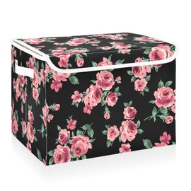CaTaKu Large Fabric Storage Bins With Lids, Floral Pink Rose Storage Boxes With Handles for Organizing Clothes, Collapsible Storage Cube Bins Baskets for Shelves