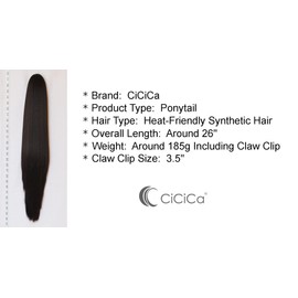 CiCiCa-“PT04”, Synthetic Ponytail Extension, 26 Inches Long Ponytails, Darkest Brown Ponytails, Straight Ponytails, Jaw/Claw Clip Ponytails, Drawstring Ponytails, Premium Synthetic Heat Resistant Hair Ponytail Extensions for Women.