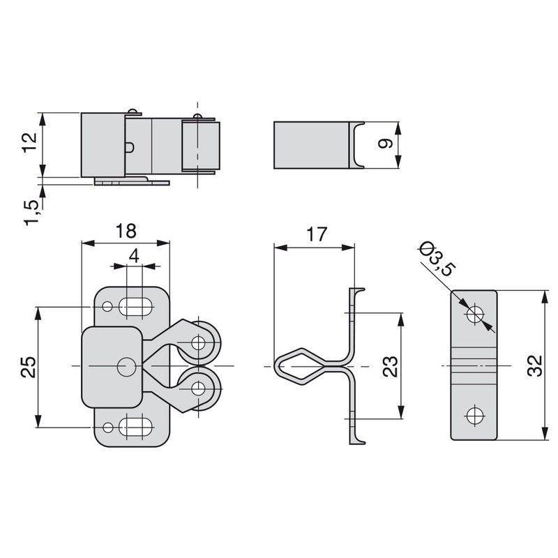 Emuca 1275505 Double roller catch for hinged furniture door, Set
