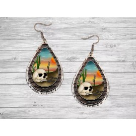Twisted R Design Desert Skull Western Wood Dangle Teardrop Print Earrings Jewelry