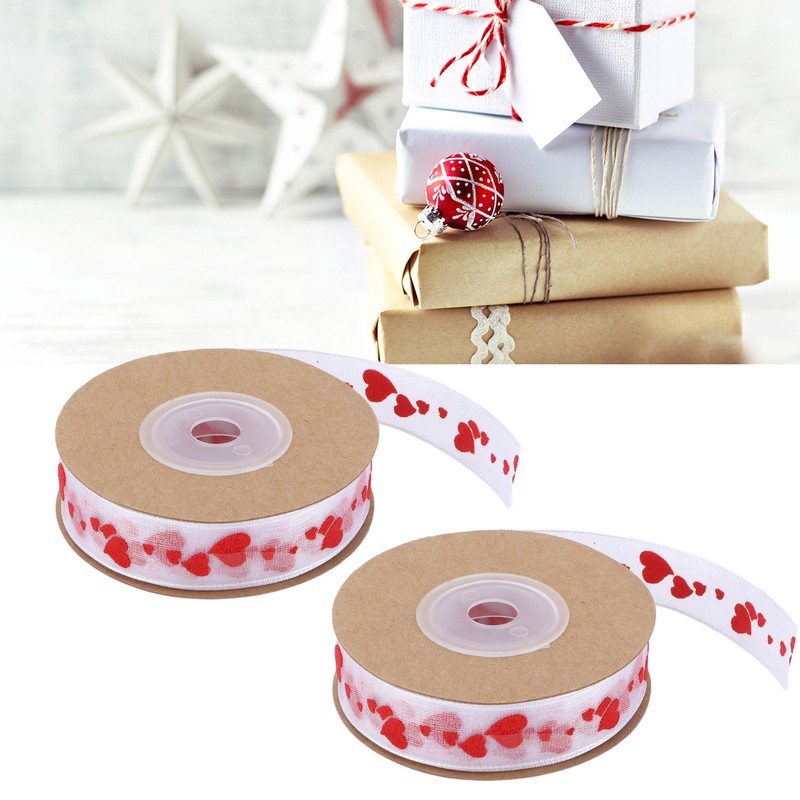 2pcs Red Ribbon 1.5cm/0.6in Wide Heart Pattern Packaging Ribbons DIY