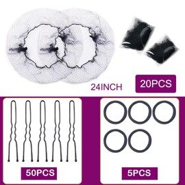 Hair Nets, U Shaped Hair Pins Set - 20 Invisible Elastic Mesh Nets, 50 Bun Maker Pins for Women, Girls, Ballet Dance, with 5pcs Hair Bands, Black