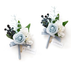 Ling's Moment Boutonniere for Men, 2pcs Groom Groomsmen Guest Boutonniere, Artificial Flowers for Wedding/Prom/Homecoming, etc.Light Blue White